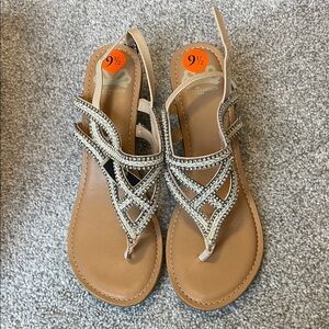 Fergalicious Taupe and Gold Beaded Slingback Sandals